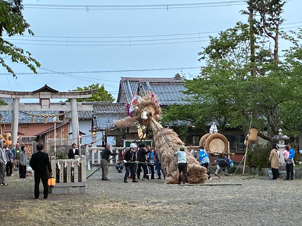 境内に立てられた松明が倒されます